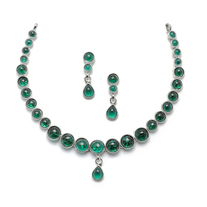 Oxidised Silver-Plated Green Round American Diamond Studded Necklace with Earrings Jewellery Set