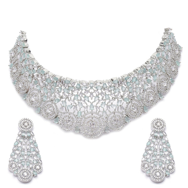 Rhodium-Plated Silver Toned Sea Green American Diamond Choker Necklace with Earrings Jewellery Set