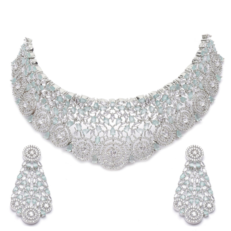 Rhodium-Plated Silver Toned Sea Green American Diamond Choker Necklace with Earrings Jewellery Set