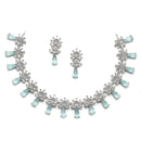 Rhodium-Plated Silver Toned Teardrop Sea Green American Diamond Studded Necklace Earrings Jewellery Set