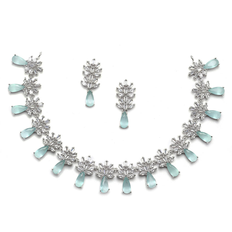 Rhodium-Plated Silver Toned Teardrop Sea Green American Diamond Studded Necklace Earrings Jewellery Set