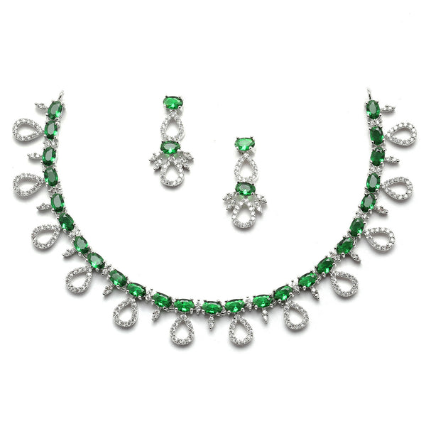 Rhodium-Plated Silver Toned Green American Diamond Studded Necklace with Earrings Jewellery set