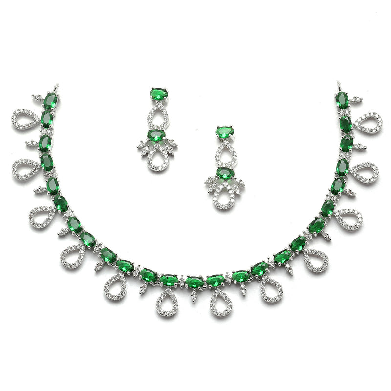 Rhodium-Plated Silver Toned Green American Diamond Studded Necklace with Earrings Jewellery set