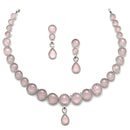 Oxidised Silver-Plated Pink Round American Diamond Studded Necklace with Earrings Jewellery Set