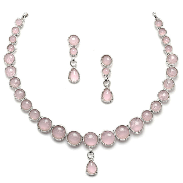 Oxidised Silver-Plated Pink Round American Diamond Studded Necklace with Earrings Jewellery Set