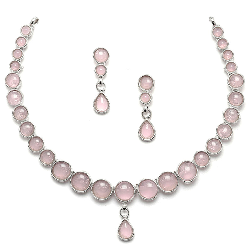 Oxidised Silver-Plated Pink Round American Diamond Studded Necklace with Earrings Jewellery Set