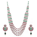 Rhodium-Plated with Silver-Tone Green & Red Kundan-Studded Layered Jewellery Set