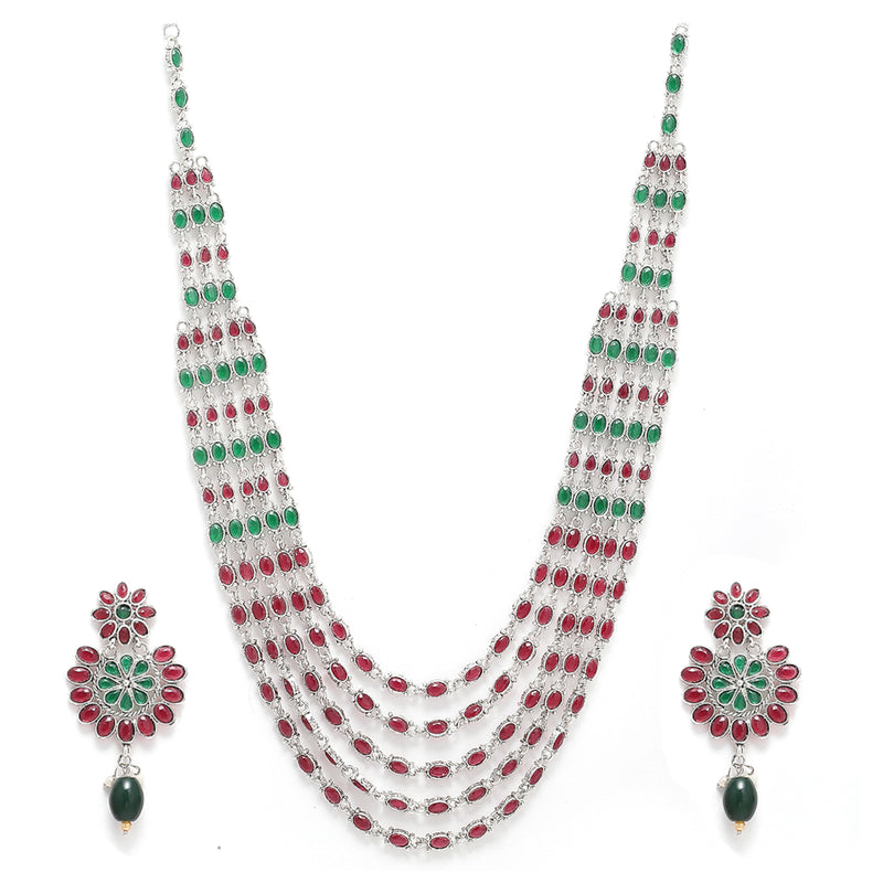 Rhodium-Plated with Silver-Tone Green & Red Kundan-Studded Layered Jewellery Set