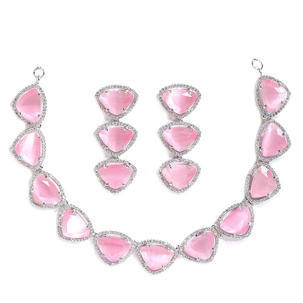Rhodium-Plated with Silver-Tone Pink American Diamond Studded Jewellery Set