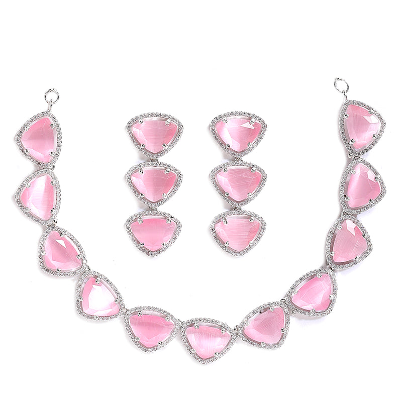 Rhodium-Plated with Silver-Tone Pink American Diamond Studded Jewellery Set