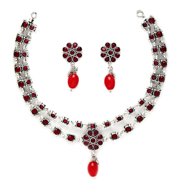 Rhodium-Plated with Oxidised Silver-Tone Red Studded & Pearl Beaded Jewellery Set