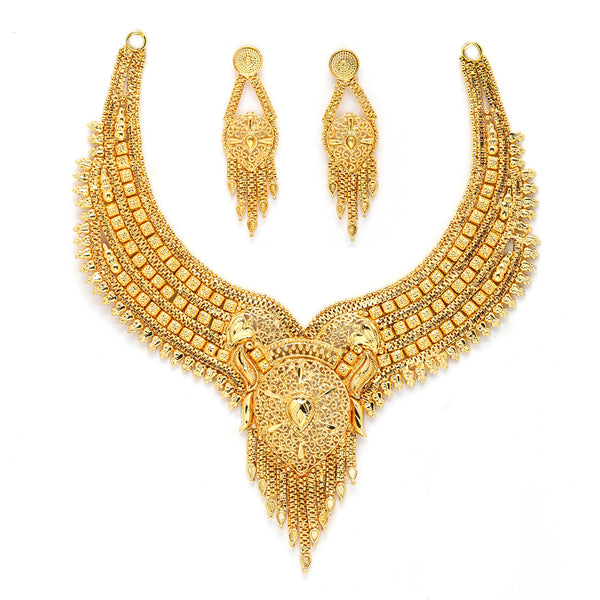 Gold-Plated Handcrafted Intricate Textured Necklace and Earrings Jewellery Set
