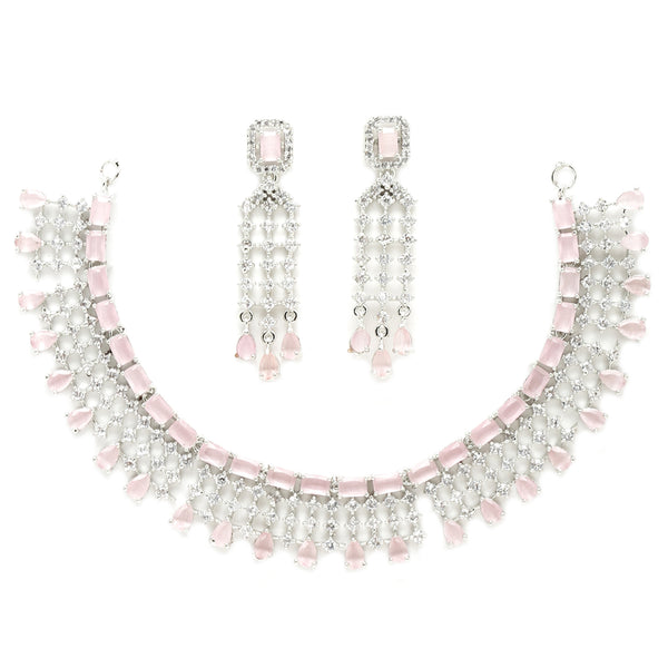 Rhodium-Plated with Silver-Tone Pink & White American Diamond Studded Jewellery Set