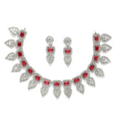 Rhodium-Plated Red American Diamond Studded Leaf Shaped Necklace with Earrings Jewellery Set