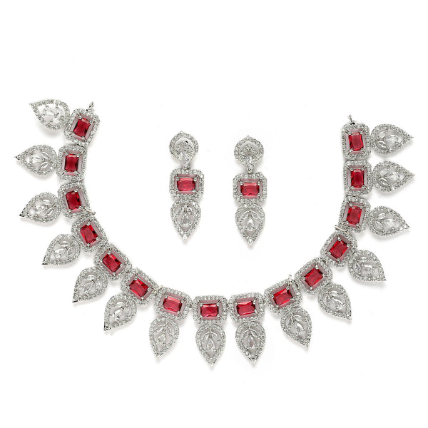 Rhodium-Plated Red American Diamond Studded Leaf Shaped Necklace with Earrings Jewellery Set