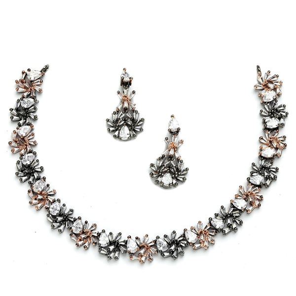 Rose Gold-Plated Floral and Pear Design Rose Black and White American Diamond Studded Jewellery Set