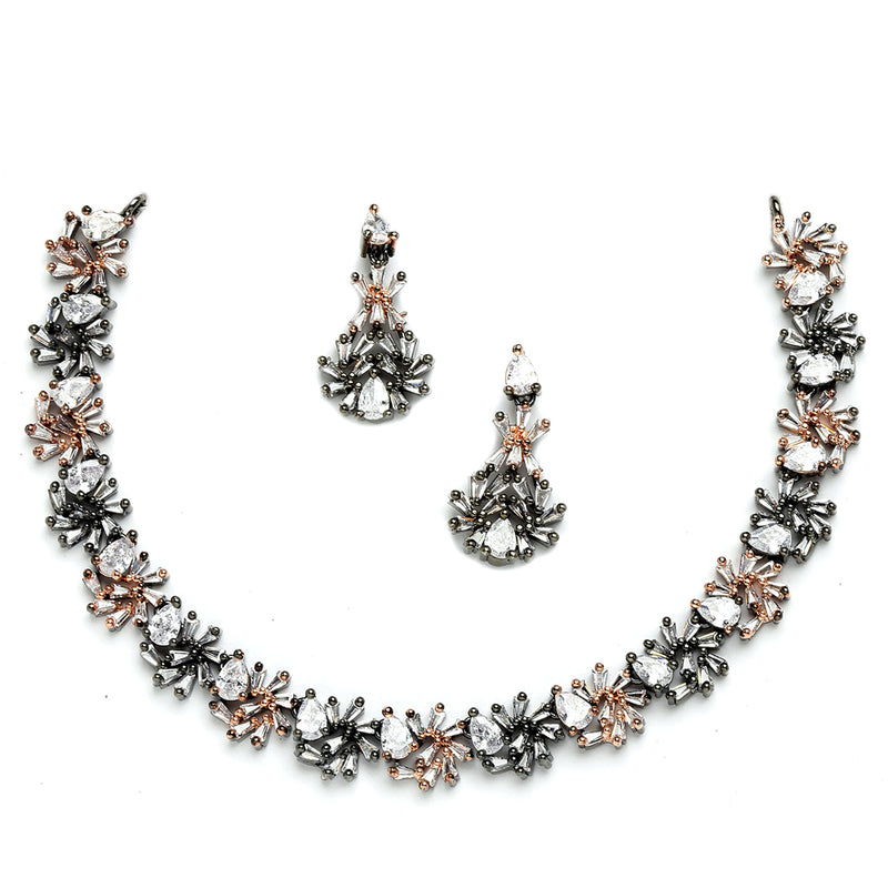 Rose Gold-Plated Floral and Pear Design Rose Black and White American Diamond Studded Jewellery Set