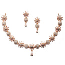 Rose Gold-Plated White American Diamond Studded Flower-Round Necklace with Earrings Jewellery Set