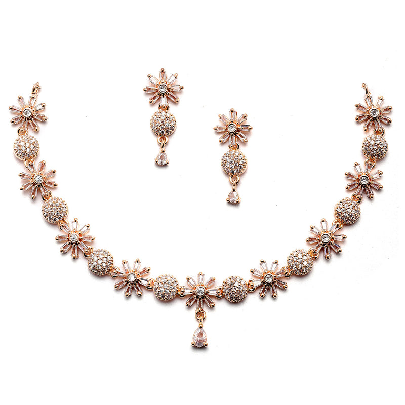 Rose Gold-Plated White American Diamond Studded Flower-Round Necklace