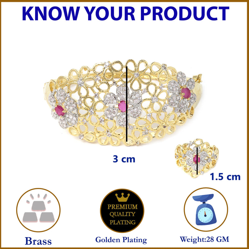 Gold-Plated Floral Design White & Pink American Diamond Studded Bangle & Ring Set
