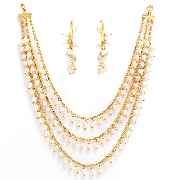 Gold-Plated White Pearl Drop 3 Layered Jewelry Set