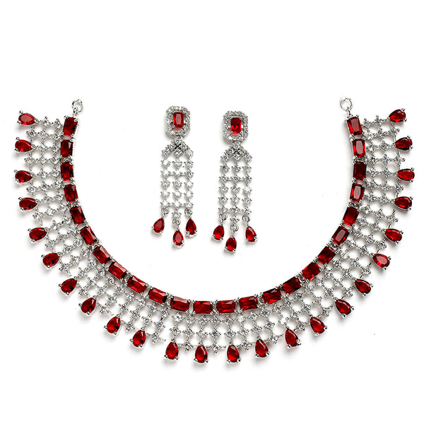 Rhodium-Plated with Silver-Toned Red American Diamond Studded Jewellery Set