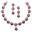 Oxidised Silver-Plated Flower Shaped Red American Diamond Studded Necklace Earrings Jewellery Set