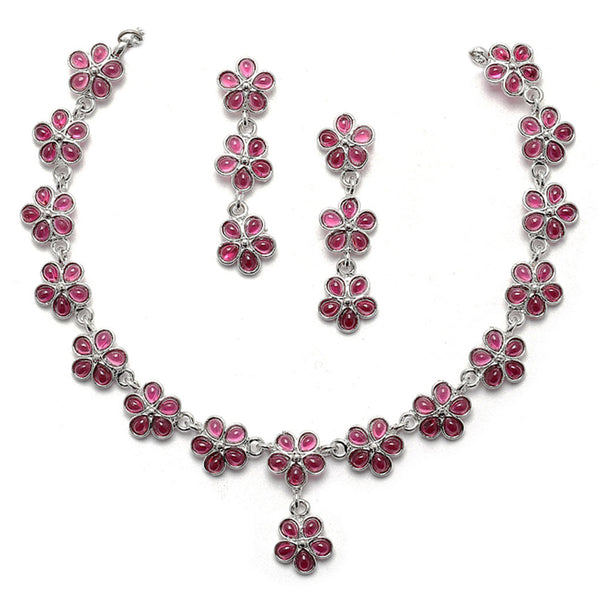 Oxidised Silver-Plated Flower Shaped Red American Diamond Studded Necklace Earrings Jewellery Set