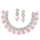 Rhodium-Plated with Silver-Toned Pink and White American Diamond Studded Choker Necklace and Drop Earrings Jewellery Set