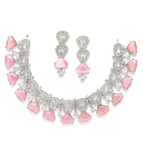 Rhodium-Plated with Silver-Toned Pink and White American Diamond Studded Choker Necklace and Drop Earrings Jewellery Set