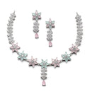 Rhodium-Plated Silver Toned Star Sea Green & Pink American Diamond Studded Necklace Earrings Jewellery Set