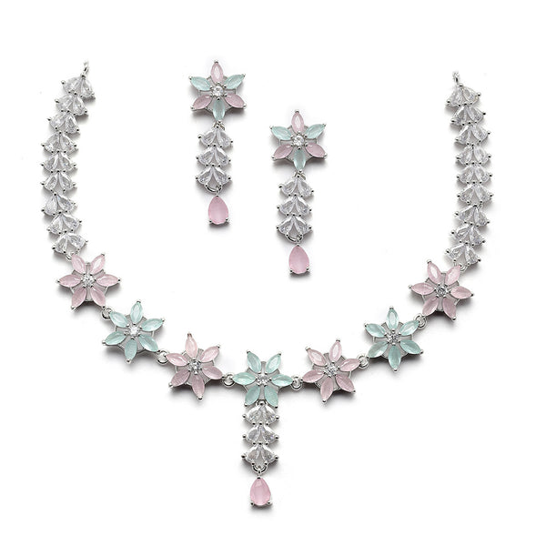 Rhodium-Plated Silver Toned Star Sea Green & Pink American Diamond Studded Necklace Earrings Jewellery Set