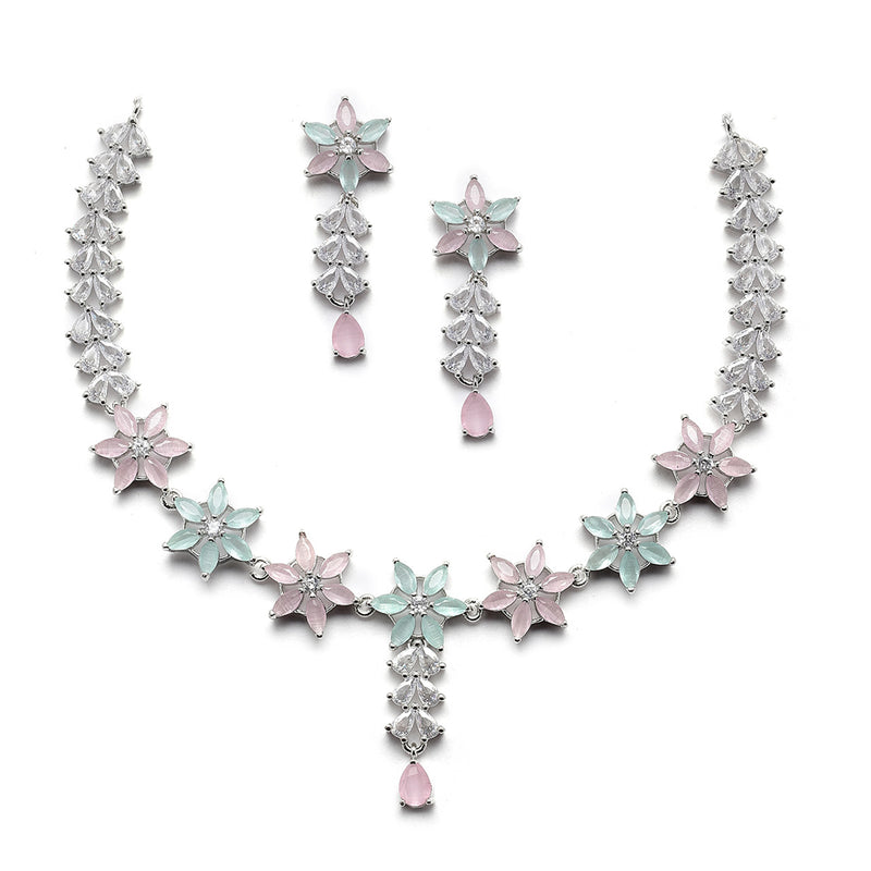 Rhodium-Plated Silver Toned Star Sea Green & Pink American Diamond Studded Necklace Earrings Jewellery Set