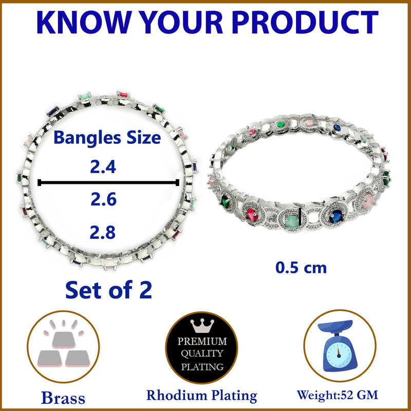 Rhodium Plated Multicolor American Diamond Studded Circular Design Bangles
