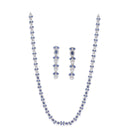 Rhodium-Plated Silver Toned Leaf Navy Blue American Diamond Studded Long Necklace with Drop Earrings Jewellery Set