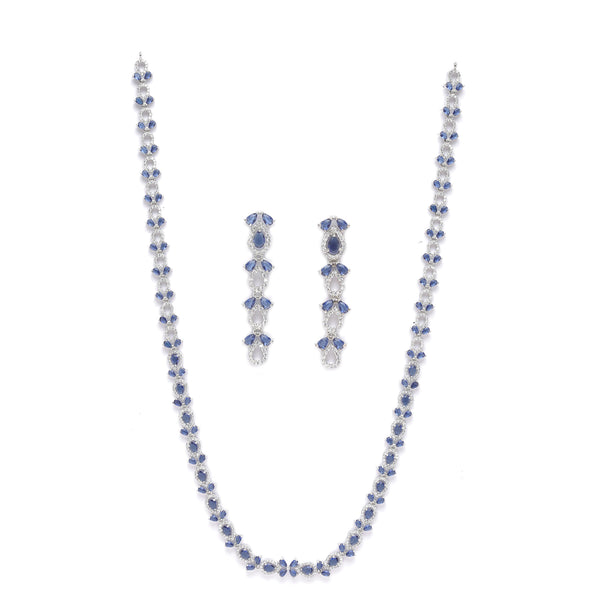 Rhodium-Plated Silver Toned Leaf Navy Blue American Diamond Studded Long Necklace with Drop Earrings Jewellery Set