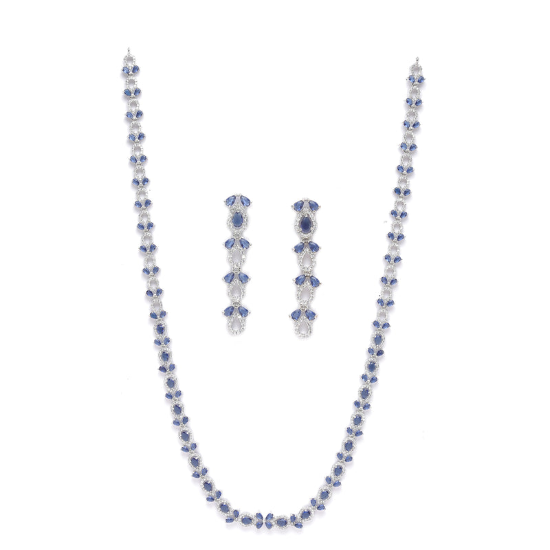 Rhodium-Plated Silver Toned Leaf Navy Blue American Diamond Studded Long Necklace with Drop Earrings Jewellery Set