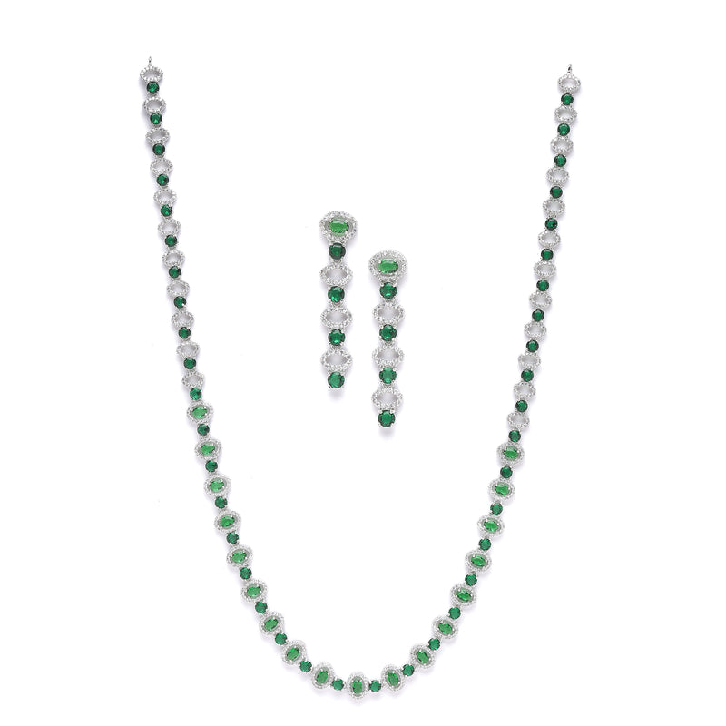 Rhodium-Plated Silver Toned Oval Green American Diamond Long Necklace with Earrings Jewellery Set