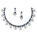 Rhodium-Plated Silver Toned Navy Blue American Diamond Studded Necklace with Earrings Jewellery Set