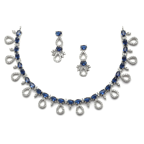 Rhodium-Plated Silver Toned Navy Blue American Diamond Studded Necklace with Earrings Jewellery Set