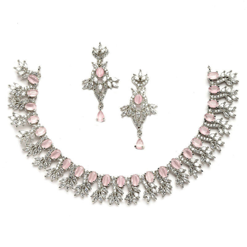 Rhodium-Plated with Silver-Toned Pink and White American Diamond Studded Embellish Statement Jewellery Set