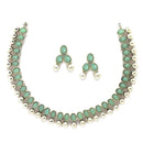 Rhodium-Plated with Oxidized Silver-Toned Sea Green Cubic Zirconia Stone Studded & White Pearl Beaded Necklace and Earrings Jewellery Set
