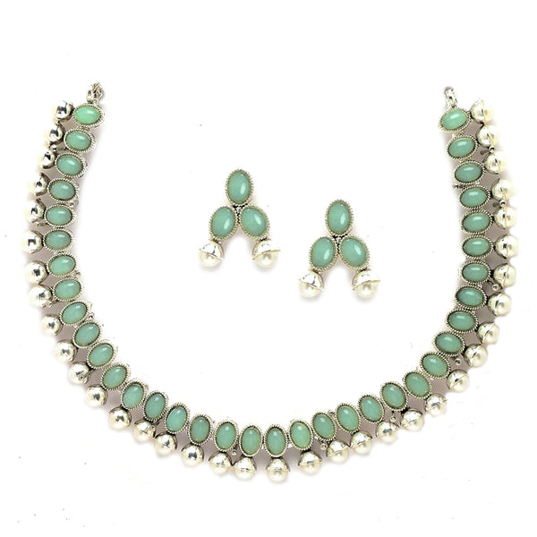 Rhodium-Plated with Oxidized Silver-Toned Sea Green Cubic Zirconia Stone Studded & White Pearl Beaded Necklace and Earrings Jewellery Set