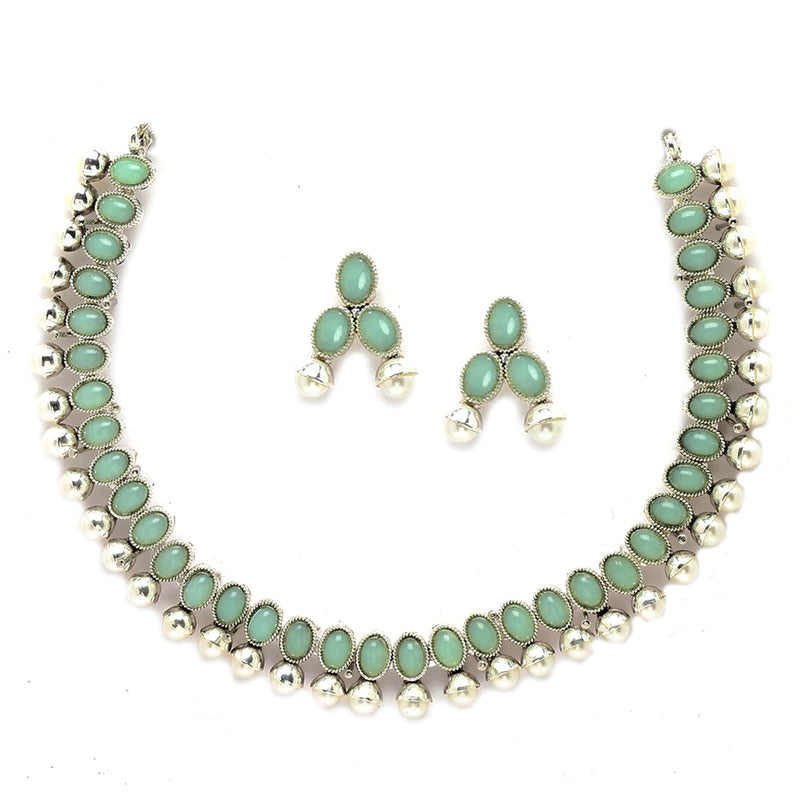 Rhodium-Plated with Oxidized Silver-Toned Sea Green Cubic Zirconia Stone Studded & White Pearl Beaded Necklace and Earrings Jewellery Set