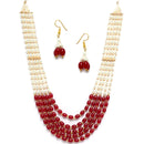Off White Maroon Beaded Rajasthani Vintage Single String 5 Layered Necklace With Drop Earring Jewellery Set