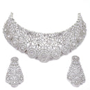 Rhodium-Plated Silver Toned White American Diamond Choker Necklace with Earrings Jewellery Set