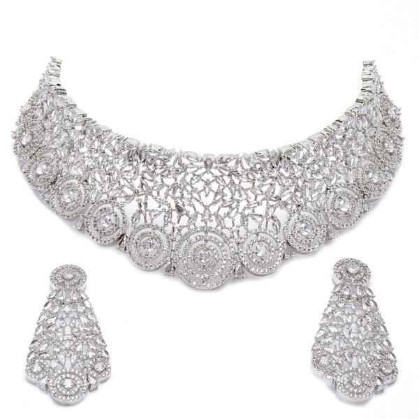 Rhodium-Plated Silver Toned White American Diamond Choker Necklace with Earrings Jewellery Set