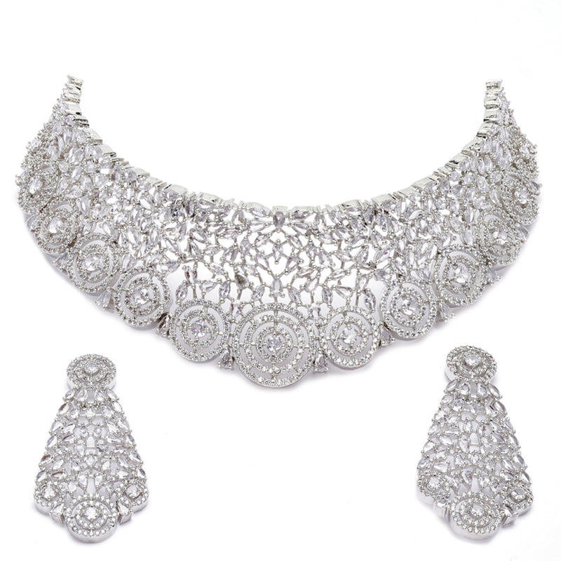 Rhodium-Plated Silver Toned White American Diamond Choker Necklace with Earrings Jewellery Set