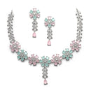 Rhodium-Plated Silver Toned Flower Sea Green & Pink American Diamond Studded Necklace with Earrings Jewellery set