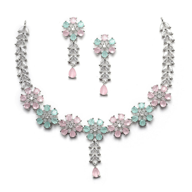 Rhodium-Plated Silver Toned Flower Sea Green & Pink American Diamond Studded Necklace with Earrings Jewellery set